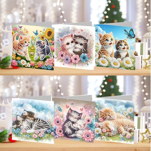 jinglinhh 6pcs Diamond Art Painting Sunflower Daisy Flowers Cat Greeting Cards with Envelopes, DIY Card Making Kits for Adults, Diamond Art Postcards Christmas Cards Craft Gifts - Image 4