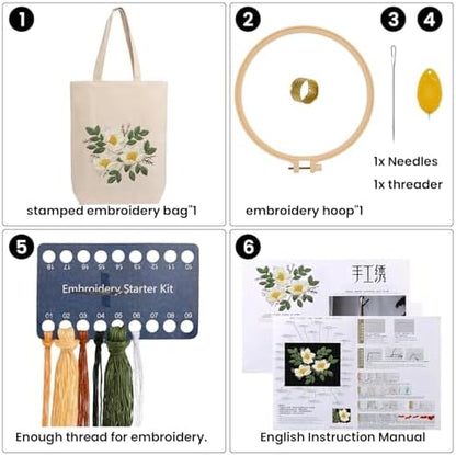 CREAWONDER Canvas Tote Bag Embroidery Kit with Pattern for Beginners, Arts and DIY Embroidery Crafts Kits for Adults, Include Instructions, Embroidery Hoops, Color Threads and Tool - Image 4