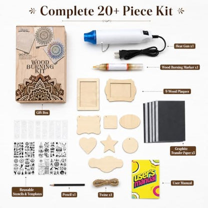 Xenolog Wood Burning Kit for Beginners - Complete 20+ Piece Pyrography Set with Heat Gun, Markers, 9 Wood Plaques, Stencils, Transfer Paper - Art Craft Gift for Adults, Teens, DIY Artists - Image 3