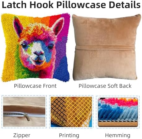 DIY Latch Hook Pillow Kits for Adults Rainbow Alpaca Printed Pillowcase Crochet Yarns Hooking Handmade Pillow Cover Cushion for Home Sofa Decoration 17x17inch-4 - Image 3
