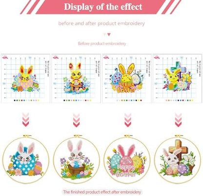 Zhenging Easter Cross Stitch Kit with 4 Bunny & EggPatterns -9.45x9.45 Inch Hoop, Pre-Printed Fabric,Threads, Tools -DlY Easter Craft Gift for Adults, HomeDecor - Image 5