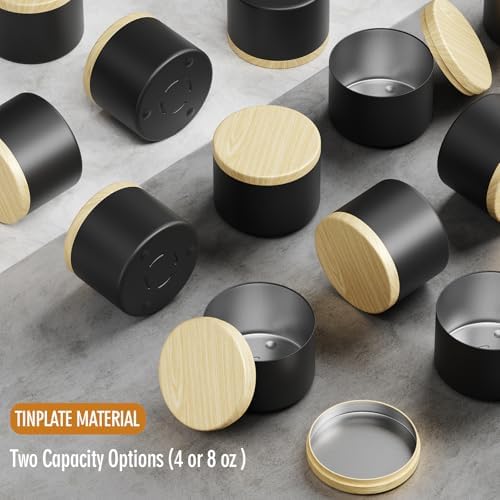 24 Pack 4oz Candle Tins with Lids - Empty Black Metal Candle Jars with Wood Grain Lids, Seamless Leak-Proof Containers, Bulk DIY Candle Making Supplies for Adults & Small Business - Image 4