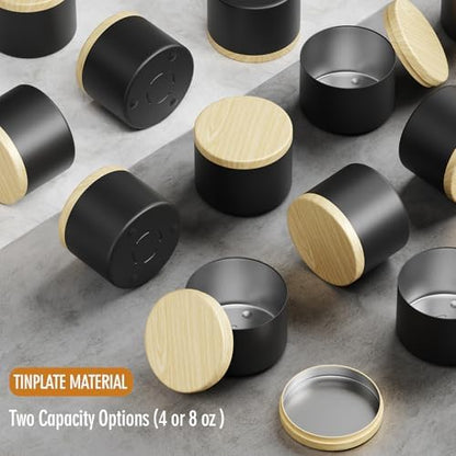 24 Pack 4oz Candle Tins with Lids - Empty Black Metal Candle Jars with Wood Grain Lids, Seamless Leak-Proof Containers, Bulk DIY Candle Making Supplies for Adults & Small Business - Image 4