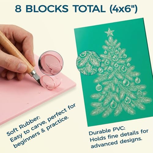 47 Pcs Linocut Kit for Printmaking, Block Printing Kit with 2 Washable Inks (Black & Blue), 4 Rubber & 4 PVC Blocks, Premium Rubber Brayer, Linocut Carving Tools - Stamp Making Kit for Beginners - Image 5