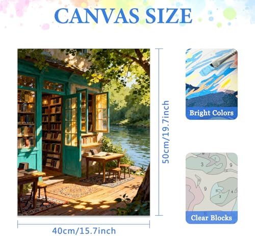 MIRCVSH DIY Bookstore Paint by Numbers Kit for Adults,Riverside Scenery Painting by Number Kits for Adult Beginners,Watercolor Oil Painting Kit for Home Decor Gifts 16x20 Inch. - Image 2