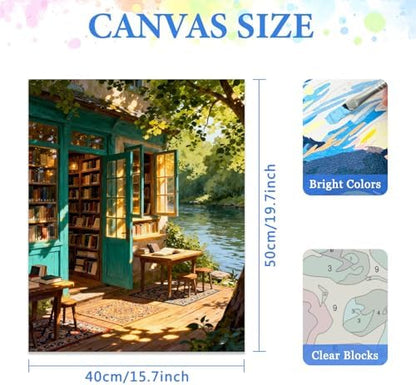 MIRCVSH DIY Bookstore Paint by Numbers Kit for Adults,Riverside Scenery Painting by Number Kits for Adult Beginners,Watercolor Oil Painting Kit for Home Decor Gifts 16x20 Inch. - Image 2