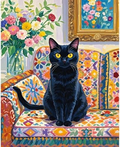 Fountor Cat Paint by Numbers Kit for Adults Beginner, Black Cat Adult Paint by Number Kits on Canvas Without Frame, Cat Flowers Oil Painting by Numbers for Home Decor Gift 16” W x 20”L by Fountor