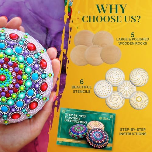 Mandala Rock Painting Kit – Mandala Dotting Tools Set - 5 Large Wooden Rocks + 6 Stencils + Acrylic Paints - Relaxing Arts and Crafts for Adults Women - DIY Hobbies Art and Projects Dot Art Kit - Image 5