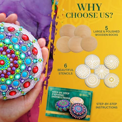 Mandala Rock Painting Kit – Mandala Dotting Tools Set - 5 Large Wooden Rocks + 6 Stencils + Acrylic Paints - Relaxing Arts and Crafts for Adults Women - DIY Hobbies Art and Projects Dot Art Kit - Image 5
