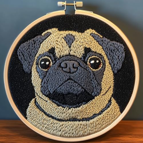 DIY Punch Needle Kits Pug Dog with Black Color with Hoop 20x20cm-1 by Unknown