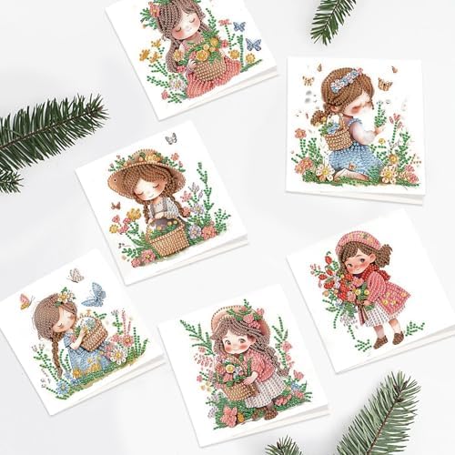 6pcs Diamond Art Painting Kit Greeting Card, Flower Picking Flower Garden 5D DIY Diamond Handmade Holiday Greeting Card with Envelope, Holiday Gift Congratulation - Image 5