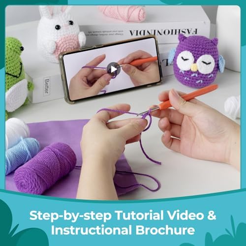 YESJOLI Crochet Animals kit for Beginners,Crochet Knitting kit Crafts for Adult Women DIY with Step-by-Step Video,Easy Learn tutorials to Crochet Kits,Yarns,Hook,Accessories (White Rabbit Frog owl) - Image 4