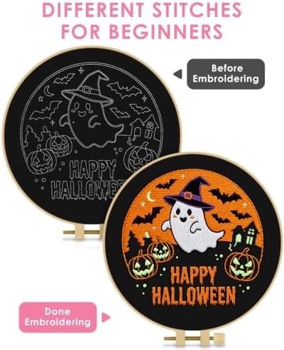 TINDTOP Halloween Embroidery Kit for Adult, Embroidery DIY Starter Kit, with Stamped Patterns, Hoop, Tools, Colorful Threads with Needles, Instructions (Halloween B) - Image 3