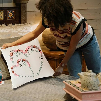 FONNUY Crewel Pillow Case Embroidery Kit, Heart Shaped Loving You Floral Stamped Pattern Kits for Audlt Beginners, Works Crafts Throw Pillow Cover Great Gift for Loved Ones, 18 x 18'' (Beige) - Image 6