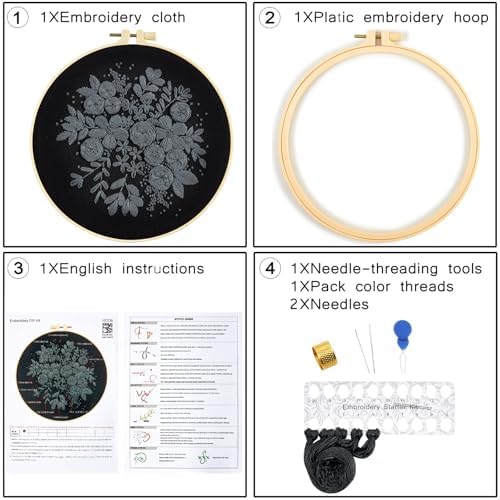 Crafmanoe Embroidery Kits for Beginners Adults, Black Flowers Embroidery Starter Kits, Counted Cross Stitch Kits for Beginners Adults Hobbies Set for Women, Embroidery Hoops, Thread and Video Tutorial - Image 6