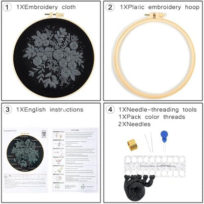 Crafmanoe Embroidery Kits for Beginners Adults, Black Flowers Embroidery Starter Kits, Counted Cross Stitch Kits for Beginners Adults Hobbies Set for Women, Embroidery Hoops, Thread and Video Tutorial - Image 6