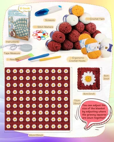 Coopay Crochet Kit for Beginners, Granny Square Crochet Blanket Kit, Red - Image 6