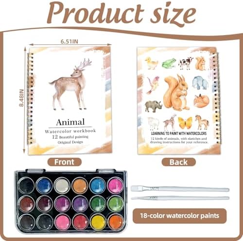Watercolor Workbook, Water Coloring Book, 12 Different Patterns of Original DIY Designs, 18 Colors Watercolor Set, Beginner-Friendly Watercolor Workbooks (Animals), Perfect Gifts for Adults - Image 2