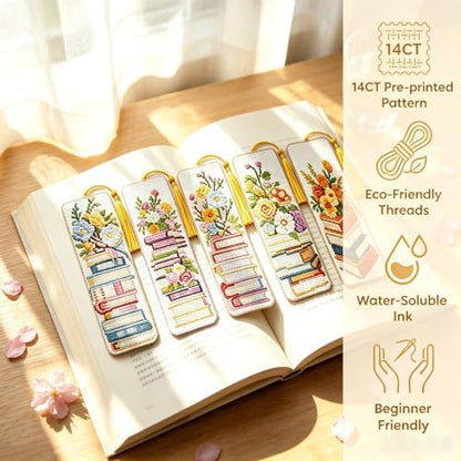 5PC Book Flowers Counted Cross Stitch Bookmark Kit for Adults Beginners - Image 2