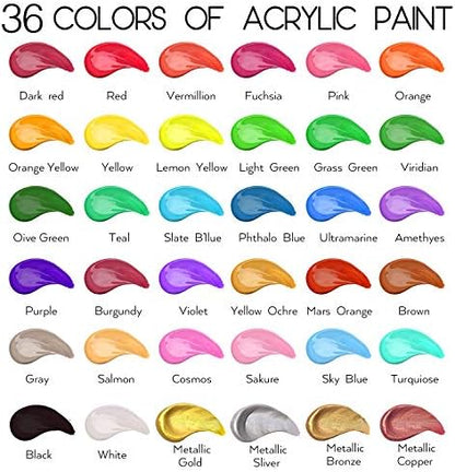 55PCS Acrylic Paint Set of 36 Colors 2fl oz 60ml Bottles 12 Brushes,Non Toxic 36 Colors Acrylic Paint No Fading Rich Pigment for Kids Adults Artists Canvas Crafts Wood Painting - Image 2