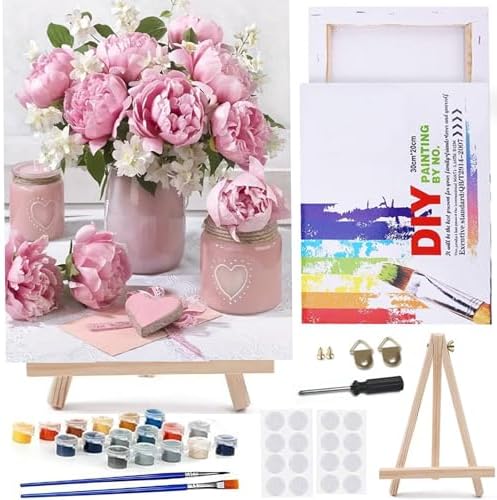 MaiMMaledy Paint by Numbers Kit for Adults Beginners Canvas Pictures with Framed Drawing Painting Acrylic Pigment with Wooden Triangle Easel Pink Flowers 8Wx12L inch by MaiMMaledy