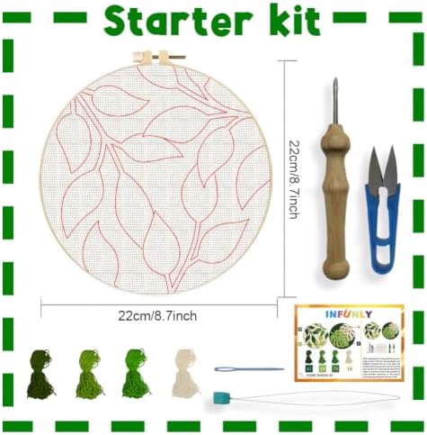 INFUNLY 2 Set Green Leaves Punch Needle Kit for Beginners Palm Leaf Punch Needle Embroidery Kits for Adults DIY Punch-Stitching Kit with Instruction Threader Needles Hoop for Wall Decor 8.7''x8.7'' - Image 2
