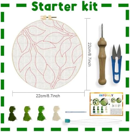 INFUNLY 2 Set Green Leaves Punch Needle Kit for Beginners Palm Leaf Punch Needle Embroidery Kits for Adults DIY Punch-Stitching Kit with Instruction Threader Needles Hoop for Wall Decor 8.7''x8.7'' - Image 2