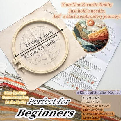 FONNUY Embroidery Kit for Beginners, Textured Vibrant Nature Landscape Pre-Stamped Pattern Kits for Adults with Hoop, Easy to Follow Color Thread Needlework, 8'' Hoop (Green 1) - Image 5