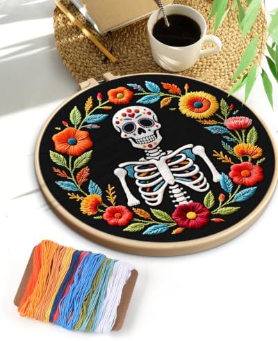 TINDTOP Embroidery Kit for Adult Beginners, Embroidery DIY Starter Kit, with Stamped Patterns, Hoop, Tools, Colorful Threads with Needles, Instructions (Skeleton A) - Image 7