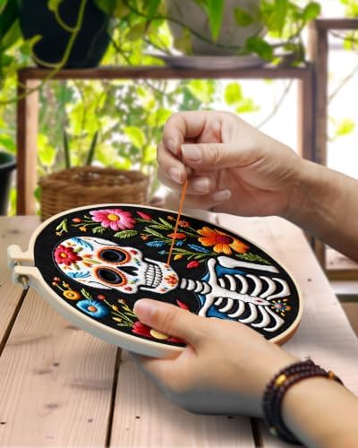 TINDTOP Embroidery Kit for Adult Beginners, Embroidery DIY Starter Kit, with Stamped Patterns, Hoop, Tools, Colorful Threads with Needles, Instructions (Skeleton C) - Image 4