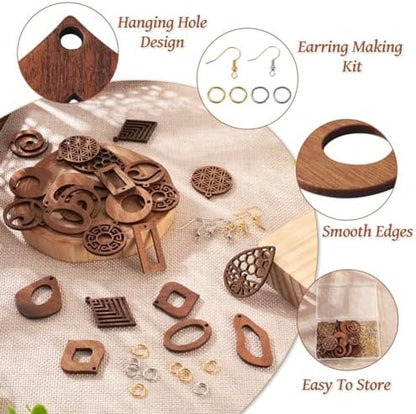 EEE ELECRELIVE 24Pcs Wooden Earrings Blanks Kit Wood Earring Charms Teardrop Rhombus Oval Pendants with Jump Rings for Boho Earring DIY Jewelry Making - Image 3