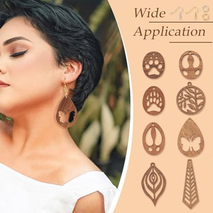 Elecrelive 8 Pairs Wooden Charms for Earring Making, Coconut Brown Wood Earring Pendants Paw Print Oval Teardrop Wood Earrings Blank Wooden Dangle Earring Making Kit with Earring Hooks - Image 4