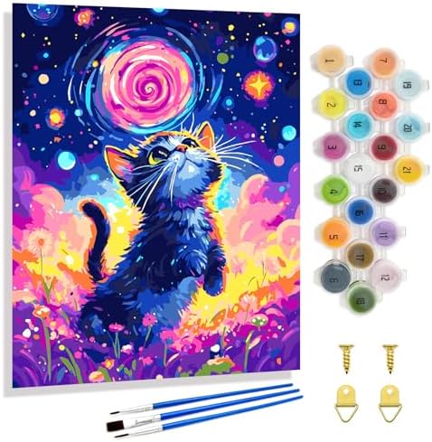 Yunnuo Starry Night Cat Paint by Numbers Kit for Adults Beginner,Paint by Numbers Animals,DIY Adult Paint by Numbers on Canvas for Home Decor & Gift (16x20 inch/40x50cm) by Yunnuo-premiumdiyartpaintingkits