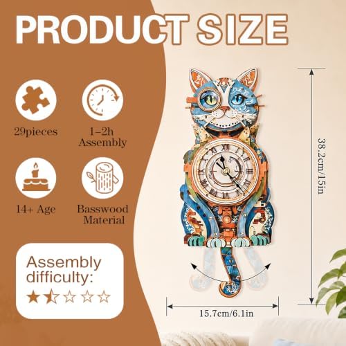 3D Puzzles for Adults, Cute Cat Clock 3D Wooden Puzzles Cat Puzzle Clock Kits for DIY Christmas Birthday Gift for Women Mom Men Home Decor Holiday - Image 3