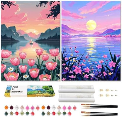 Qaisxoty Paint by Numbers Kits for Adults, 2 Pack Rolled Canvsa Lake Landscape Paint by Numbers KIt for Beginners, DIY Acrylic Painting by Number Kit for Great Gift Home Decor - 12” x 16” by QaisxotyPaintbyNumberKits