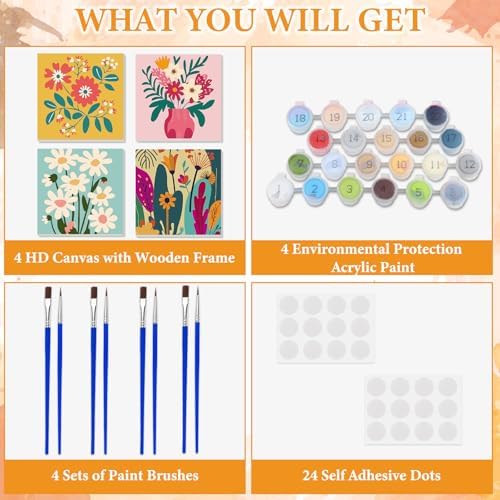 NAIMOER 4 Pack Flower Paint by Numbers Kits for Adults Beginner with Wooden Framed, Flowers Color by Numbers on Canvas Painting Kits for Adults, Easy Paint DIY Acrylic for Home Wall Decor 8X8 Inch - Image 4