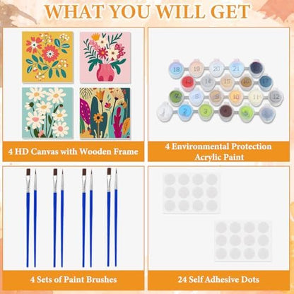 NAIMOER 4 Pack Flower Paint by Numbers Kits for Adults Beginner with Wooden Framed, Flowers Color by Numbers on Canvas Painting Kits for Adults, Easy Paint DIY Acrylic for Home Wall Decor 8X8 Inch - Image 4