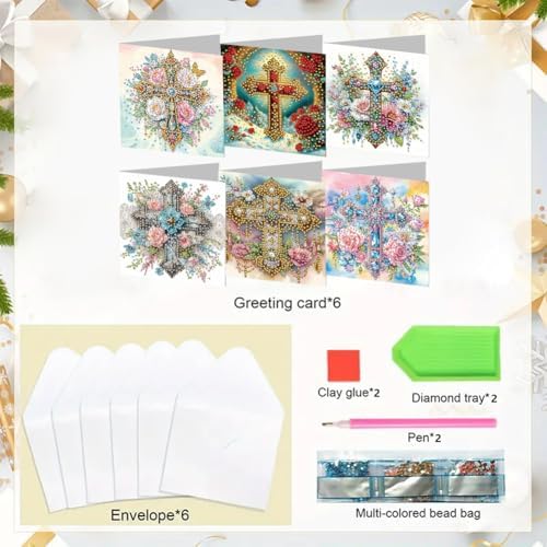 Diamond Art Cards with Envelopes–6PCS DIY Diamond Painting Greeting Cards Kit | Card Making Kit with Bling for Adults & Beginners | Birthday,Holiday & Thank You Cards (Flower and Cross) - Image 5