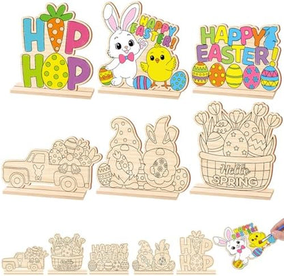Yuntau 24 Pcs Color Your Own Easter Crafts Bunny Egg DIY Wooden Tabletop Signs Happy Easter Craft Kits Centerpiece Art Signs Table Decorations for Spring Home Activities Gifts Party Favors by Yuntau