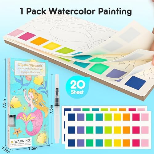 ROOCHKD Watercolor Painting Coloring Books Pocket Watercolor Paint Bookmarks, Mess Free Paint with Water Set, Travel Class Activities Art Party Favors Exchange Birthday Gifts for Kids (Mystic meraid) - Image 7