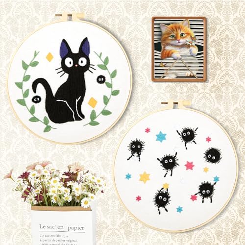 Cat Embroidery Starter Kit for Beginners Adults, Animal Stamped Cross Stitch Kit for Adult Beginner, Hand Embroidery Needlepoint Kits, 2 Set Embroidery Supply, 2 Hoops (Attached Video Tutorial) - Image 6
