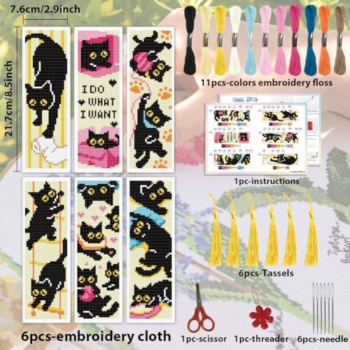 ACRNIGHEET 6PCS Cross Stitch Bookmark Kit for Beginner Stamped Cross Stitch Kits for Adults Naughty Black Cat DIY Tassel Embroidery Bookmark Kits Needlepoint Kit with Instructions Gift 8.5''x3'' 11CT - Image 2