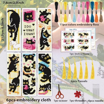 ACRNIGHEET 6PCS Cross Stitch Bookmark Kit for Beginner Stamped Cross Stitch Kits for Adults Naughty Black Cat DIY Tassel Embroidery Bookmark Kits Needlepoint Kit with Instructions Gift 8.5''x3'' 11CT - Image 2