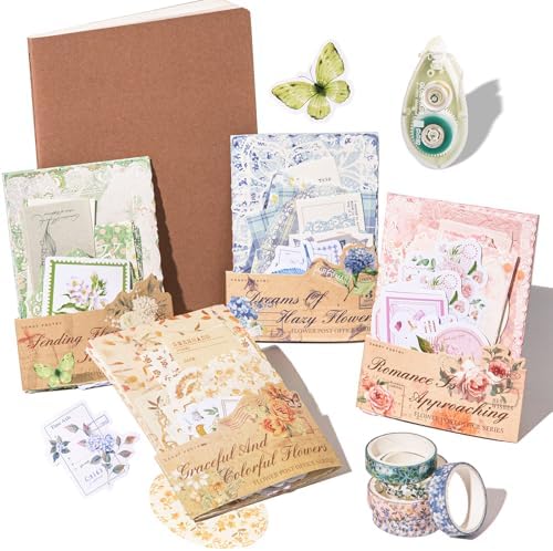 JOYCHOIC Vintage Junk Journal Supplies Kit, 4 Packs Floral Journaling and Scrapbooking for Adults, Aesthetic Scrapbook Materials, Bullet Journals for Beginner Women by JOYCHOIC