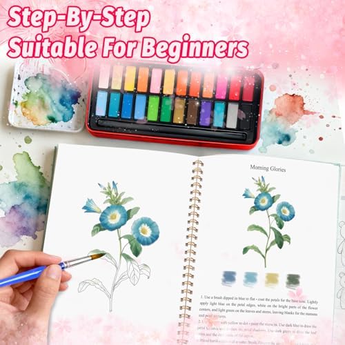 Watercolor Workbook - Coloring Book Beginner Friendly Painting Kit, Watercolor Workbooks for Adults with 24 Colors Paint, Exploration Gift for Adults Teens (Flowers) - Image 4