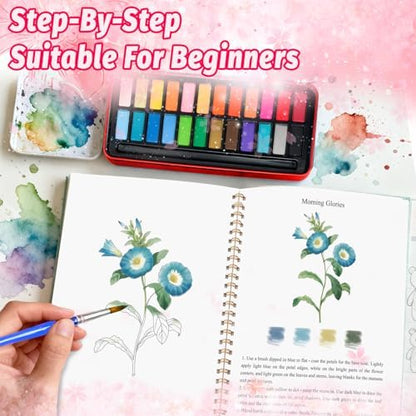 Watercolor Workbook - Coloring Book Beginner Friendly Painting Kit, Watercolor Workbooks for Adults with 24 Colors Paint, Exploration Gift for Adults Teens (Flowers) - Image 4