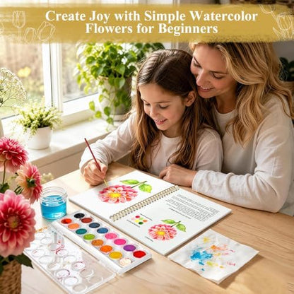 Creazic Watercolor Workbook for Beginners, Floral Water Coloring Book Kit & 16 Watercolor Paint, 300gsm No-Bleed Paper, Easy Step-by-Step Guide, Ideal Gift for Mindfulness & Painting Practice - Image 5