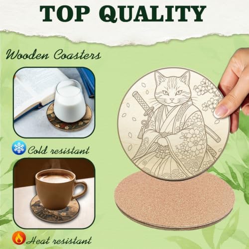 26PCS Wood Coasters Craft Kit 10 Paint You Own Coaster with 16 Pens Wooden Coaster Painting Set Coasters for Drinks Samurai Cat Painting Crafts Art Supplies (Samurai Cat) - Image 3
