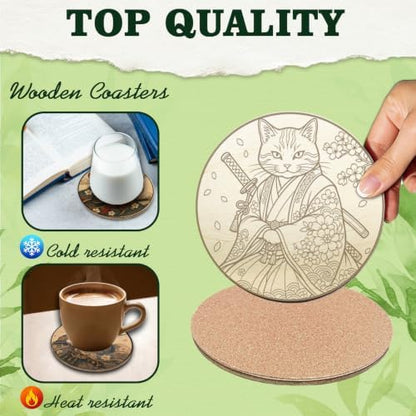26PCS Wood Coasters Craft Kit 10 Paint You Own Coaster with 16 Pens Wooden Coaster Painting Set Coasters for Drinks Samurai Cat Painting Crafts Art Supplies (Samurai Cat) - Image 3