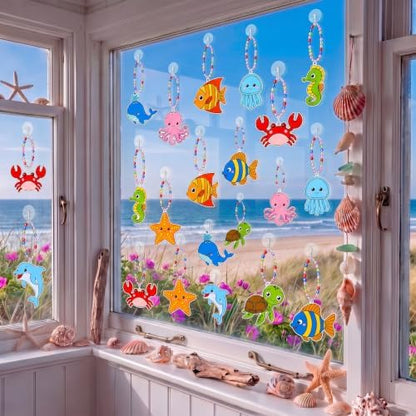 Dunzoom 30 Set Under the Sea Suncatcher DIY Craft Kit Acrylic Ocean Animals Window Art Paint Activity for Birthday Party Favors Summer Camp Classroom Activity 10 Designs Colorful Beads Paint - Image 6